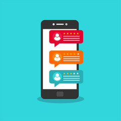 Review rating bubble speeches on mobile phone vector illustration, flat style smartphone reviews stars with good and bad rate and text, concept of testimonials messages, notifications, feedback