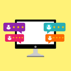 Review rating bubble speeches. Vector modern style cartoon character illustration avatar icon design. Computer desktop pc display with reviews stars rate and text, feedback evaluation, messages