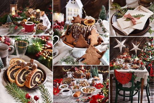 collage of Christmas Eve table with food and decors