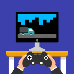Gaming concept. Man holding in hands gamepad and playing in videogame. Flat cartoon style. Vector illustration.