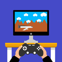 Videogame console with tv. Gaming concept. Man holding in hands gamepad. Flat cartoon style. Vector illustration.