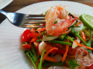 Close up of Shrimp with Thai spicy glass noodle salad with seafood