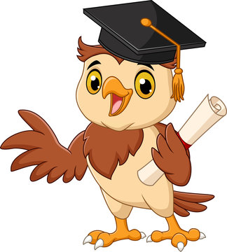 Cartoon owl wearing graduation cap holding diploma
