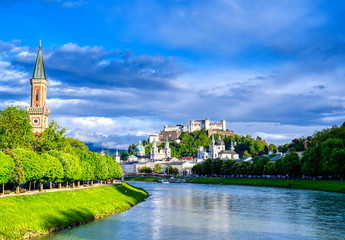 Fototapeta premium A view of the Austrian city of Salzburg along the Salzach River.