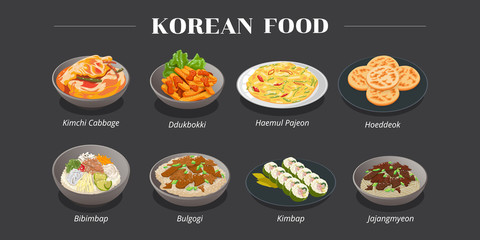 kimchi cabbage,ddukbokki,haemul pajeon,hoeddeok,bibimbap ,bulgogi,kimbap,jajangmyeon korea food menu vector graphic design
