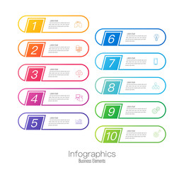 Infographics design vector with 10 options and business icons. Use in corporate report, marketing, annual report. Network management data screen with charts, diagrams.