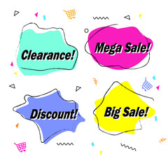 Collection of Sale Discount Styled flat linear promotion ribbon banner, scroll, price tag, sticker, badge, poster. 