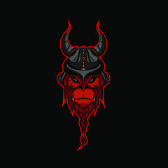 The strong king of gorilla monkey with viking helm logo mascot design from the nordic clan with black background