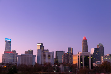 Fototapeta na wymiar Evening View of Skyline of Charlotte, NC