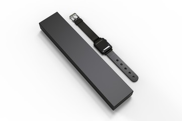 Smart watch with hard box packaging for branding and mock up. 3d render illustration.