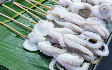 Fresh  squids skewer for grill ,seafood eat with hot and spicy sauce at street food Thailand.Thai food,Appetizer meal,selective focus