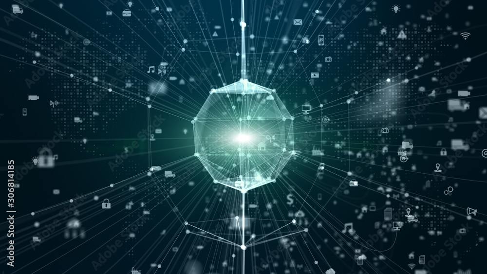 Poster technology network digital data connection and digital data network protection. future technology ne