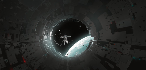 Astronauts leaving the cabin, science fiction illustrations, digital painting. © liuzishan