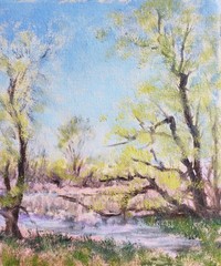 Oil painting of spring stream in Wisconsin