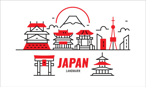 Japan landmarks. Japanese landscape and History Building. Thin line design elements. vector illustration