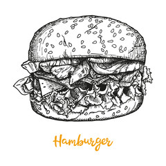 Hamburger, big burger on a white background. Hand drawn with pen and black ink vector illustration, realistic sketch.
