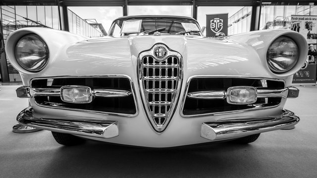 STUTTGART, GERMANY - MARCH 02, 2017: Sports car Alfa Romeo 1900C Super Sprint Coupe Lugano, 1957. Black and white. Europe's greatest classic car exhibition "RETRO CLASSICS"