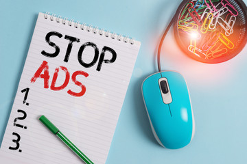 Text sign showing Stop Ads. Business photo showcasing program that will remove different kinds of...