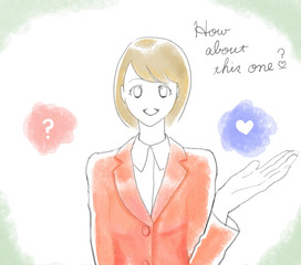 ビジネスウーマン　こちらはいかがですか　オレンジ