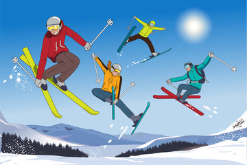 Skiing tour in the mountains. Challenge yourself in the winter with friends. Sport Tourism.