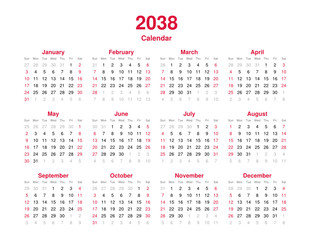 Calendar 2038 - 12 months yearly vector calendar in year 2038 - calendar template - planner calendar