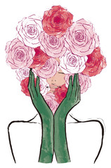 女性　バラの花束