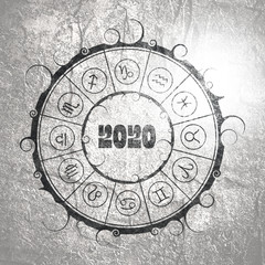 New Year and Christmas celebration card template. Zodiac circle with 2020 new year number.