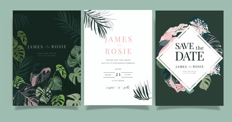 Fototapeta na wymiar Tropical Emerald green Luxury Wedding Invitation, floral invite thank you, rsvp modern card Design in summer pink leaf and greenery branches decorative Vector elegant rustic template