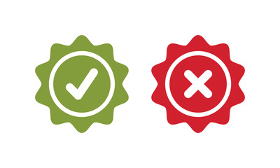 Tick and cross signs. Green checkmark OK and red X icons, Simple marks graphic design. Circle symbols YES and NO button for vote, Check box list icons. Check marks vector.