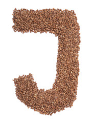 Letter J of the English alphabet from  brown dry buckwheat  on a white isolated background. Food pattern made from groats. Bright alphabet for shops.  Buckwheat for porridge