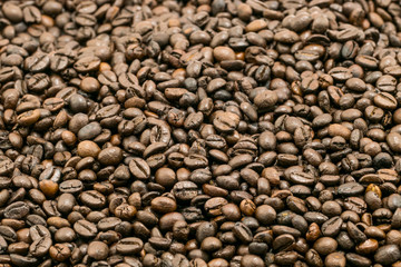 roasted coffee beans, can be used as a background.Mixture of different kinds of coffee beans. Coffee Background.