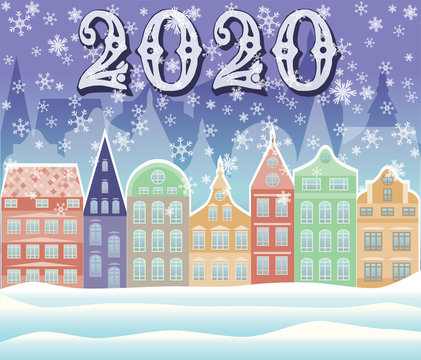New 2020 year winter city wallpaper, vector illustration © CaroDi
