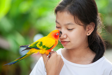 Beautiful little parrot birds standing on woman hand. Asian teenager girl play with her pet parrot bird with fun and love © pingpao
