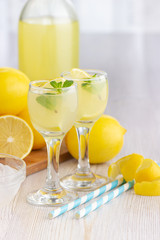 Alcohol cocktail drink with lemon, mint and ice in a small glass.