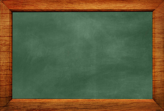 Empty green chalkboard texture hang on the white wall. double frame from Green board and white background. image for background, wallpaper and copy space. bill board wood frame for add text.