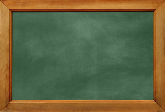 Empty green chalkboard texture hang on the white wall. double frame from Green board and white background. image for background, wallpaper and copy space. bill board wood frame for add text.