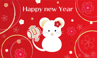 ねずみのかわいい年賀状風のイラスト3 赤とゴールド