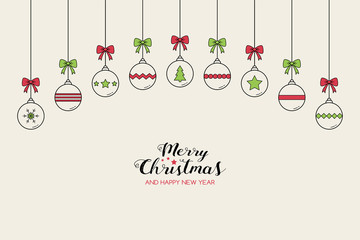 Naklejka premium Concept of Christmas background with hanging balls and wishes. Festive ornament. Vector