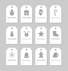 Simple Christmas gift tags with festive elements. Xmas decorations with wishes. Vector