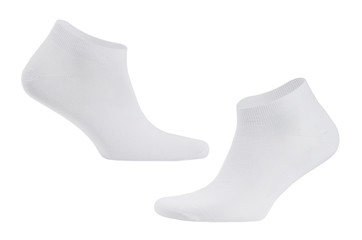 Blank white cotton sport short socks on invisible foot isolated on white background as mock up for advertising, branding, design, front side, side view, template.