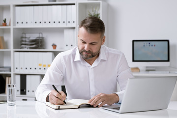 Fototapeta na wymiar Serious bearded businessman thinking of ideas and making notes in notebook