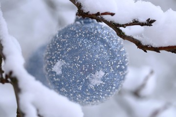 Christmas balls on snowy branches in the winter garden background.Christmas and New Year winter festive background.IPhone Wallpaper. Winter festive decor street