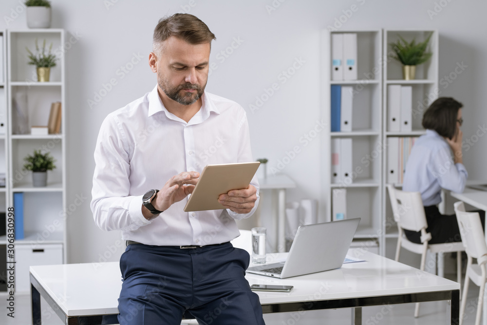 Poster Serious employer in formalwear using touchpad while surfing in the net