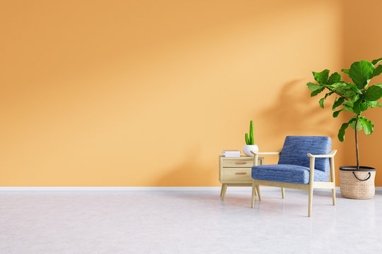 Modern living room ,blue modern furniture with orange wall and white floor,warm and cozy. Orange is a beautiful and contemporary, 3d render