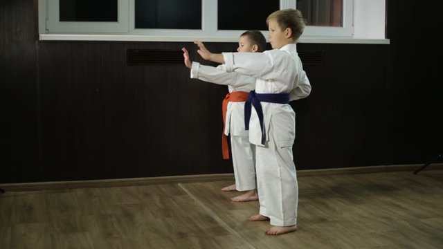 Children in karategi are doing blow hands in rack of karate