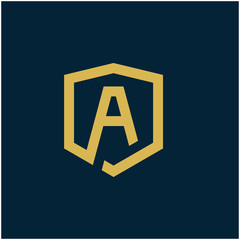 initial Letter A with Shield frame line art element. Shield Line geometry  for Security logo. Logo Icon Template for Web and Business Card, Letter Logo Template on Black Background. - vector
