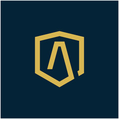 initial Letter A with Shield frame line art element. Shield Line geometry  for Security logo. Logo Icon Template for Web and Business Card, Letter Logo Template on Black Background. - vector