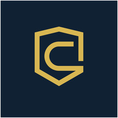 initial Letter C with Shield frame line art element. Shield Line geometry  for Security logo. Logo Icon Template for Web and Business Card, Letter Logo Template on Black Background. - vector