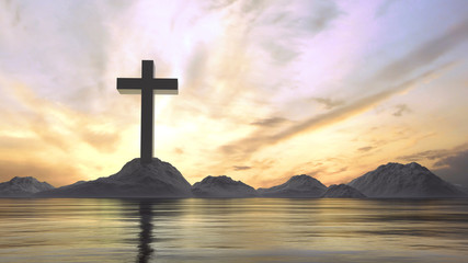 3D Rendering of metal cross on stone hill with dramatic ray lights from sky and reflection on calm lake water surface. Concept of Jesus Christ cross, Easter, resurrection, crucifixion, Ascension day