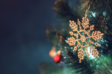 Obraz na płótnie Canvas Christmas fir tree decorated with bright toys on Christmas and New Year